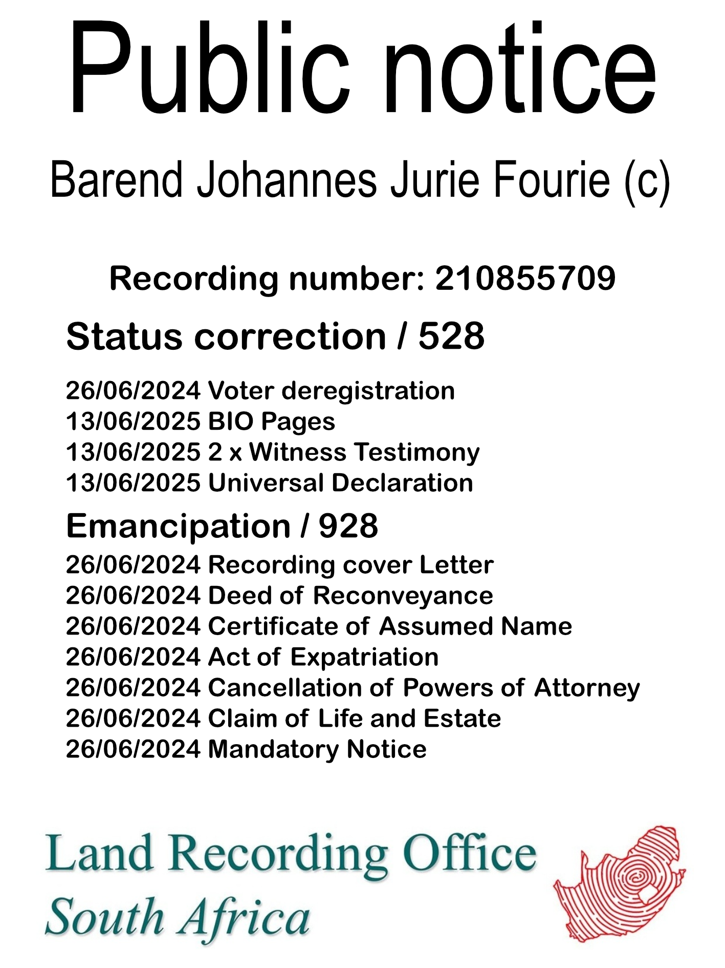 Public notice Barend Johannes Jurie Fourie (c) Recording number 210855709